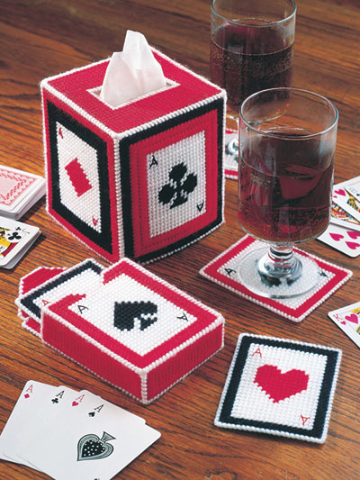 Playing cards coasters and box plastic canvas pattern. 