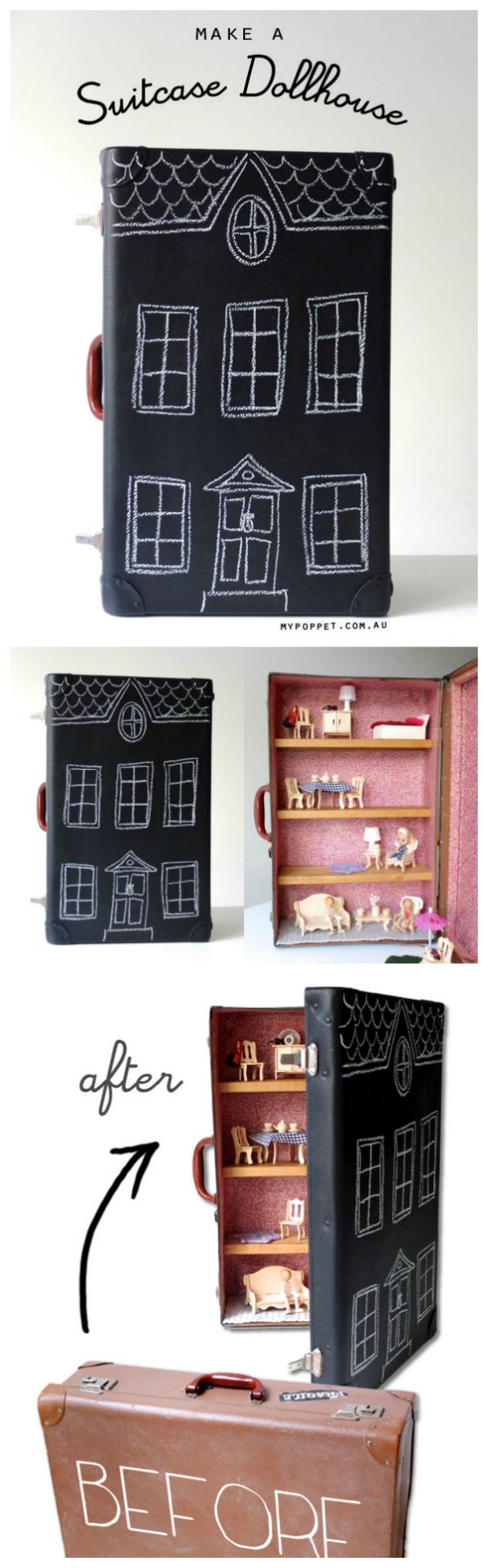 How to turn an old suitcase into a portable dolls house.