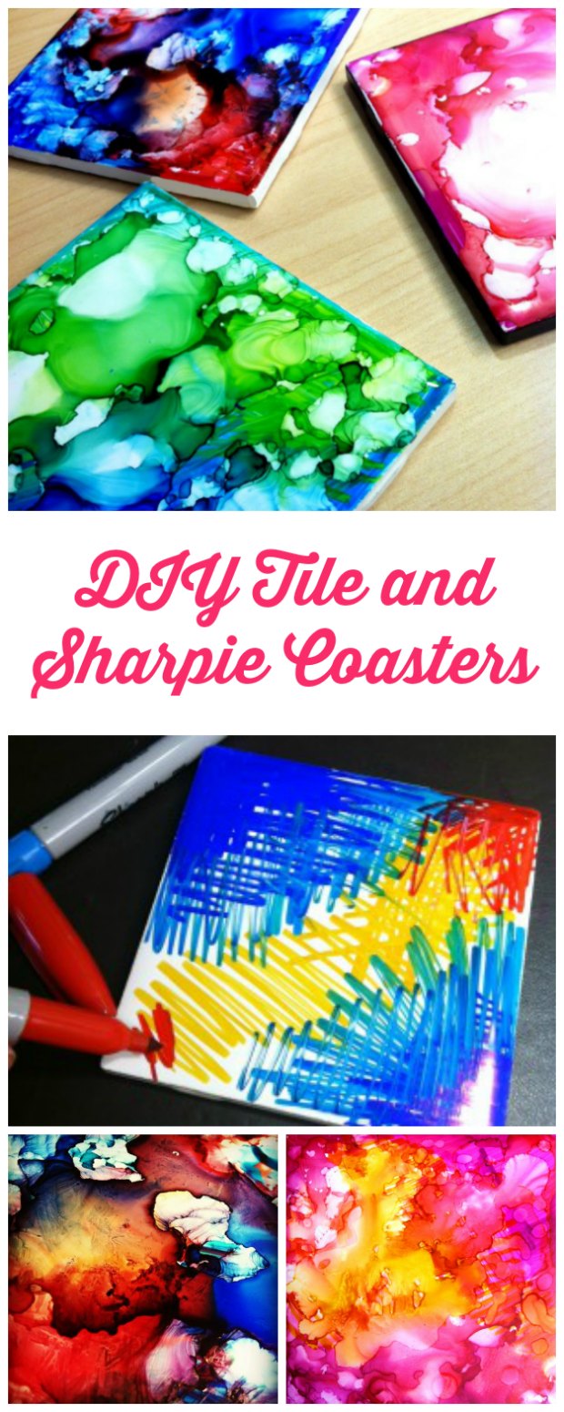 Sharpies, alcohol and a white tile are all you need to make these marbled art coasters.