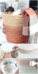 A plastic laundry basket is transformed into a cosy throw basket for your living room. Easy DIY with rope and a glue gun.