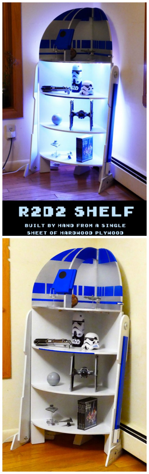 Plans for a DIY R2D2 shelf with lights to build.
