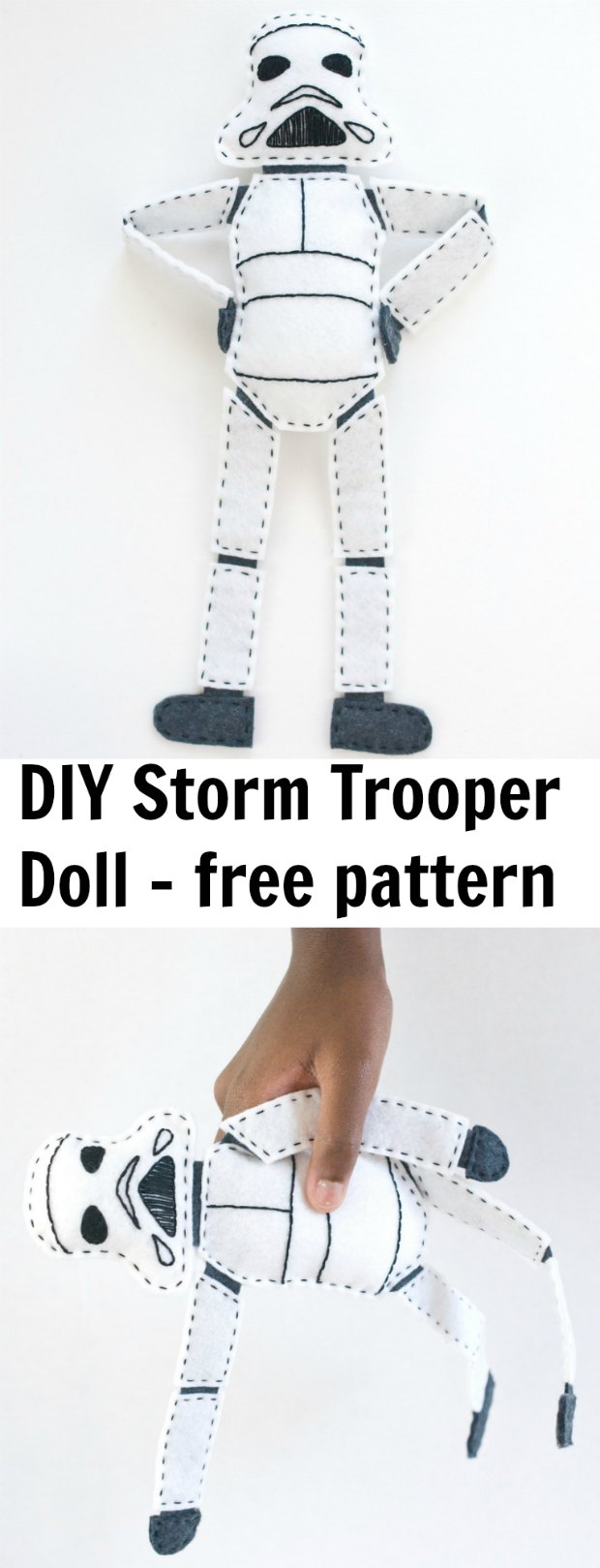 Fun Storm Trooper Star Wars doll to sew. Free sewing pattern.