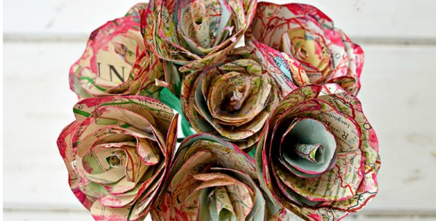 old maps recycled into roses and flowers