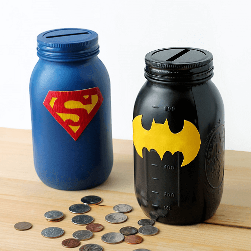 Mason Jar Superhero Coin Banks by Fireflies And Mud Pies