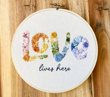 Love Lives Here Rainbow Flower Embroidery Pattern by TheWildflowerColl