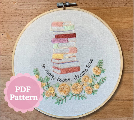 So Many Books Intermediate Flower Embroidery Pattern by LauraCraftsCo