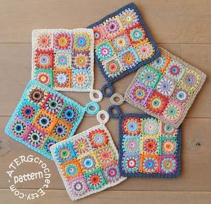 Crochet Colorful Potholder Squares Pattern by ATERG Crochet