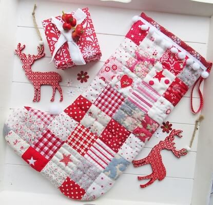 Red Patchwork Christmas Stocking Sewing Pattern by Helen Philipps Designs