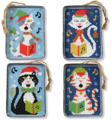 Herrschners Caroling Kitties Tin Ornaments Plastic Canvas Kit