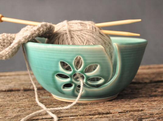 Turquoise Ceramic Yarn Bowl with flower from RobinBadgerPottery