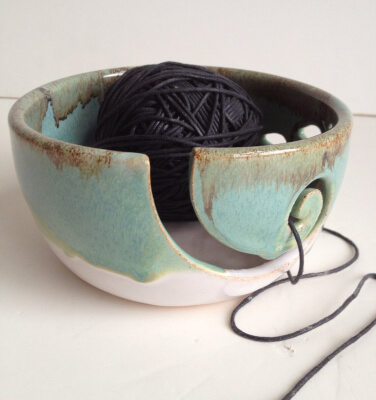 White Green Rustic Wheel Thrown Yarn Bowl from NewMoonStudio