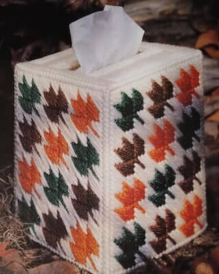Autumn Patchwork Plastic Canvas Tissue Box Cover Pattern by Raindrops And Memories