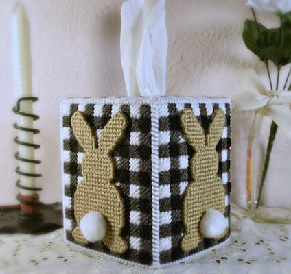 Buffalo Plaid Easter Bunny Tissue Box Cover Plastic Canvas Pattern by Craft A Happy Home