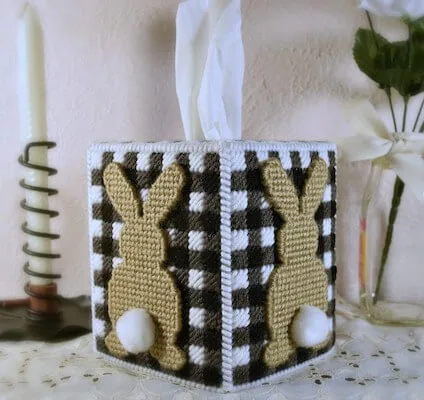 Buffalo Plaid Easter Bunny Tissue Box Cover Plastic Canvas Pattern by Craft A Happy Home