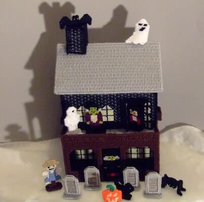 2406 Haunted House Vintage Plastic Canvas Pattern PDF Halloween Centerpiece Container Cats Pumpkins Ghosts Wreath Instant Download PDF