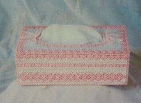 Pretty In Pink Tissue Box Cover Plastic Canvas Pattern by Fave Crafts