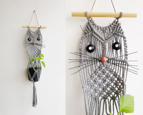 DIY Macrame Cat Plant Hanger Tutorial for beginners by MacrameIsLove