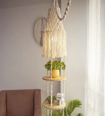 13 Macrame Lamp Shade Patterns and Ideas 9 Macrame Plant Hanger Shelf with Boho Lamp Shade