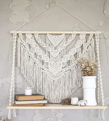 Natural Cream Beige Large Macrame Wall Hanging Shelf from TOMRISDECO