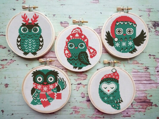 Owl Christmas Ornaments Cross Stitch Pattern by Animals Cross Stitch