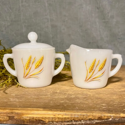 Fire King Milk Glass Wheat Pattern Sugar and Creamer Set from HooDooBRopes