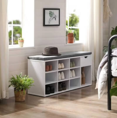 Storage Shoe Bench with Drawer and Open Compartments