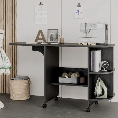 Folding and Rolling Sewing Table with Storage Shelves