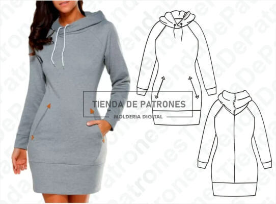 Women's Long Hoodie Dress Sewing Pattern by TiendaDePatrones