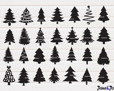 Black and White Christmas Tree Cliparts by Jane Jo Art