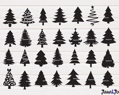Black and White Christmas Tree Cliparts by Jane Jo Art