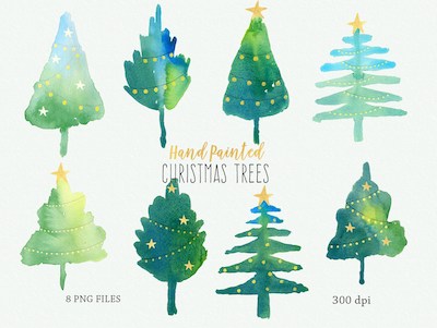 Hand Painted Christmas Trees Clipart by Paper Sun Design