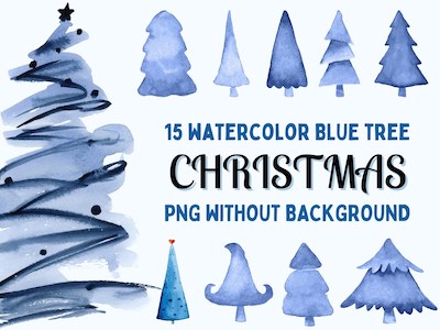 Watercolor Blue Christmas Trees by DOUNEEE