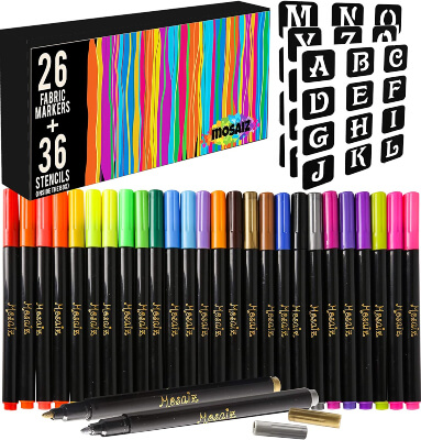 Mosaiz Permanent Fabric Pens Set of 26 Colors with Letter Stencils