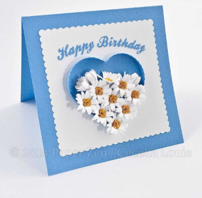 Fringed Flowers Paper Quilling Birthday Card Pattern from PaperZenShop