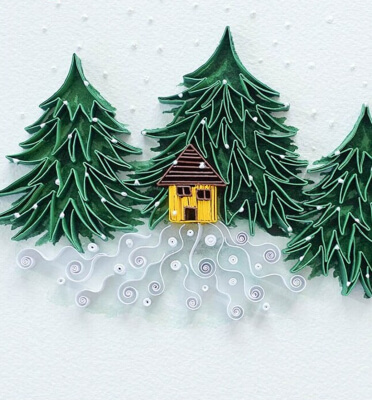 Tarjeta Quilling de Navidad de Little House In Snowy Forest de MiriamsQuilling