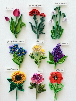 Composición artística de flores: tulipán, girasol, rosa, nomeolvides, margarita, lila de MiriamsQuilling