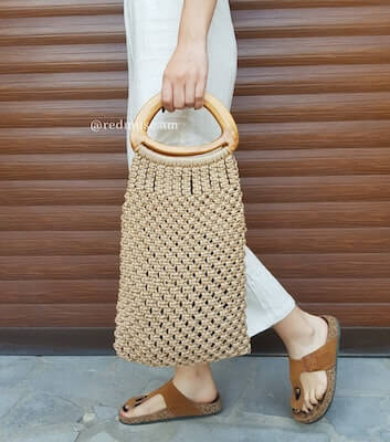 Macrame Shopping Bag With Wooden Handles from Red Muse Knitting